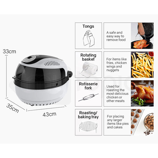 Air Fryers Eurochef 10L Electric Digital Air Fryer With Rotisserie Rotating Basket Rack And Tongs White