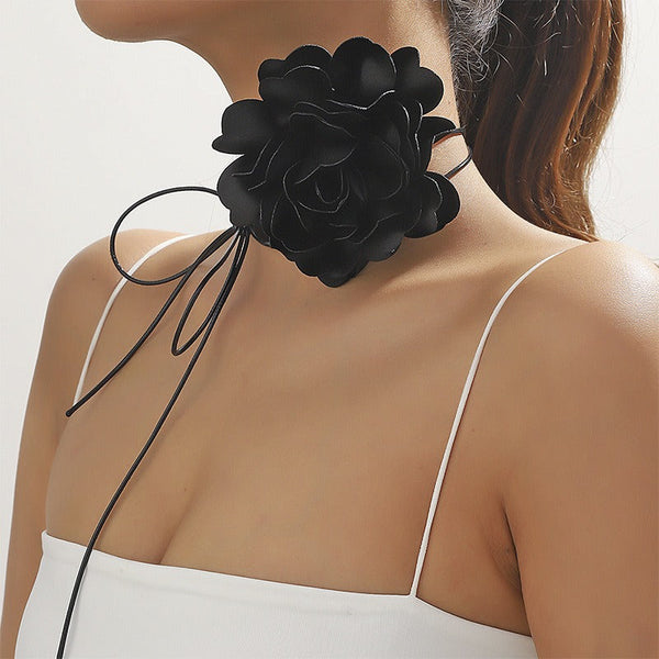 Necklaces & Pendants Retro Black Satin Peony Flower Neck Strap Necklace For Evening Fashion Wear