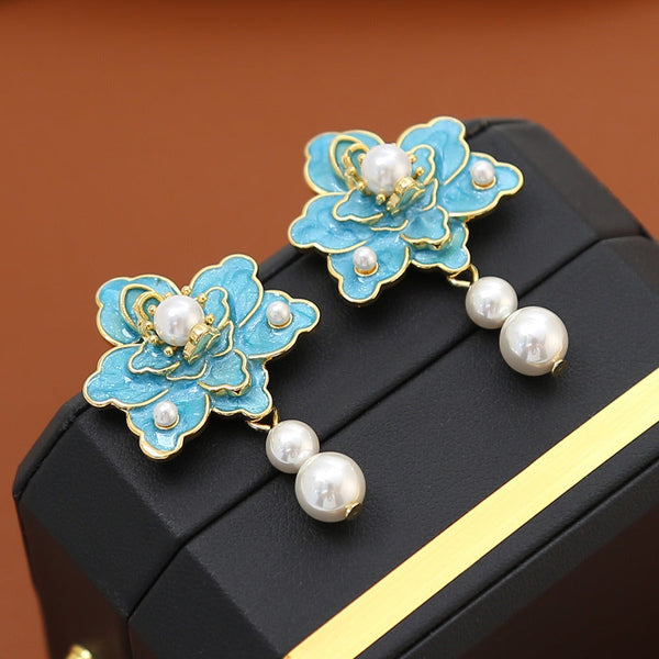 Earrings New Oil Dripping Blue Flower For Women Fashion Design Elegant Silver Needle