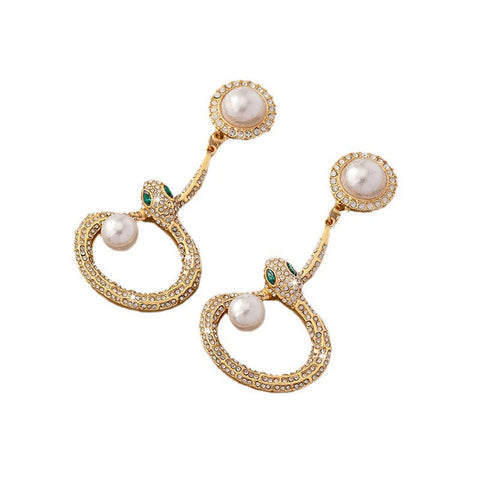 Earrings Gold Round Pearl With Crystal Accents And Snake Design For Women