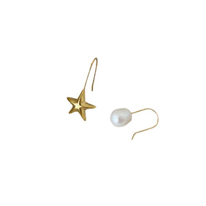 Earrings Retro Literary Natural Pearl Asymmetric Star Design Silver Needle