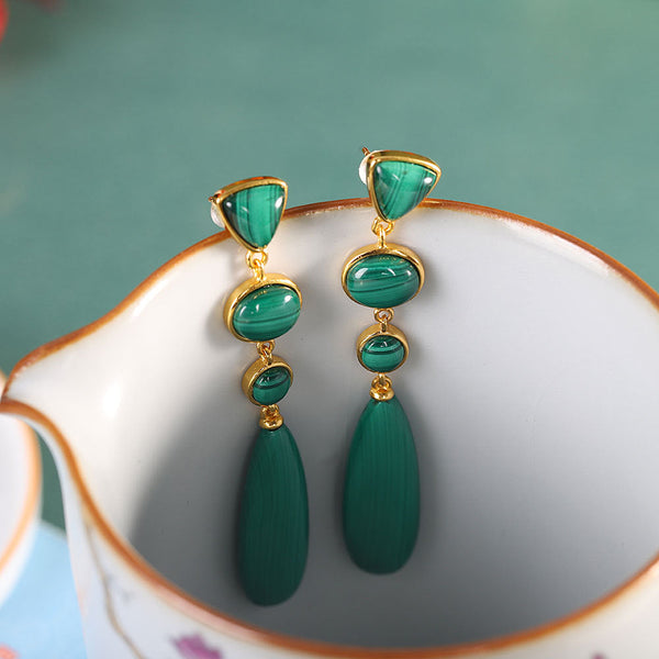 Earrings Slender Minimalist Women's Fashion With S925 Silver And Malachite