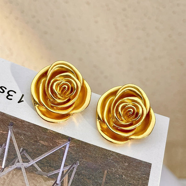 Earrings Retro Medal Gold Three Dimensional Rose Stud For Everyday Wear