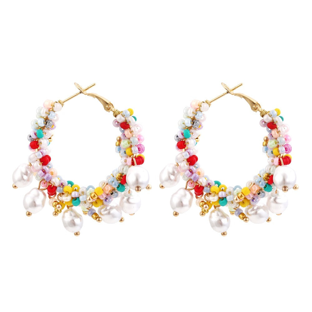 Earrings Bohemian Crystal Pearl Beaded Women Fashion Hoop Jewelry Accessories