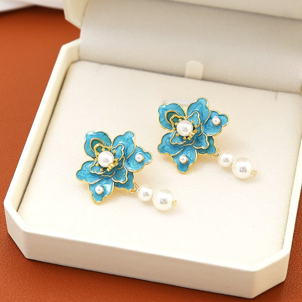 Earrings New Oil Dripping Blue Flower For Women Fashion Design Elegant Silver Needle