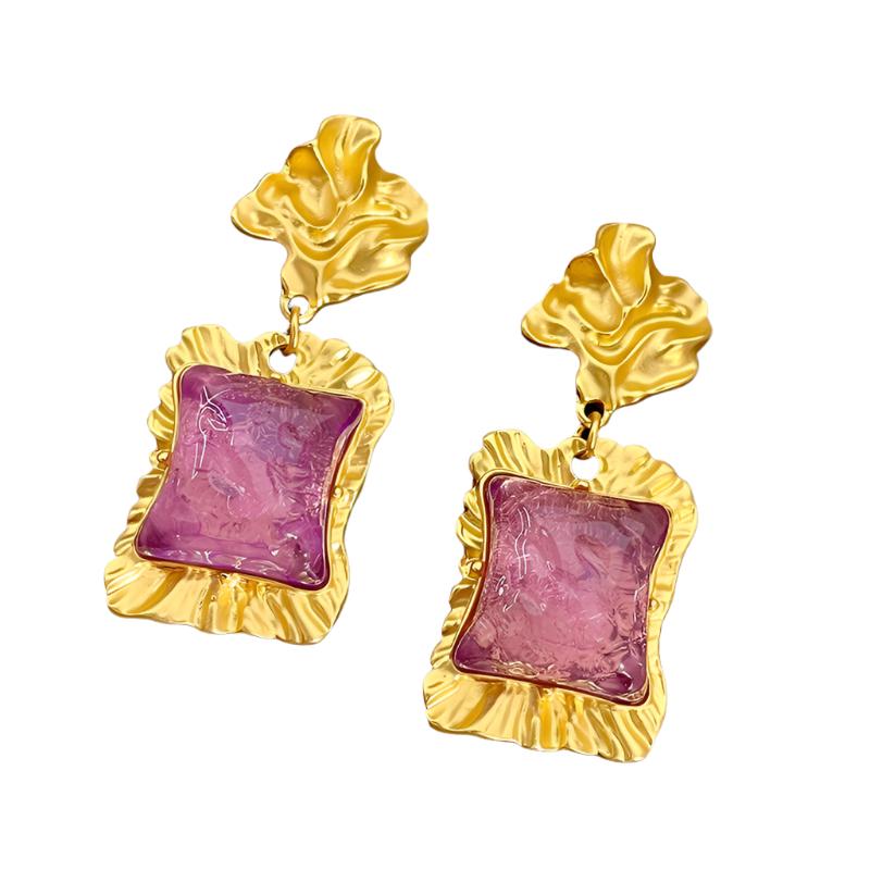 Earrings Lava Irregular Purple Square Glazed Crystal Retro Style