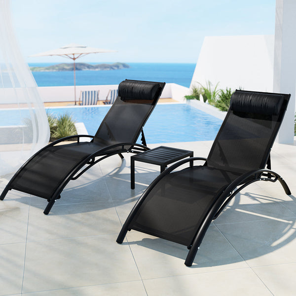 Loungers Gardeon 3Pc Sun Lounge Outdoor Lounger Steel Table Chairs Patio Furniture Garden