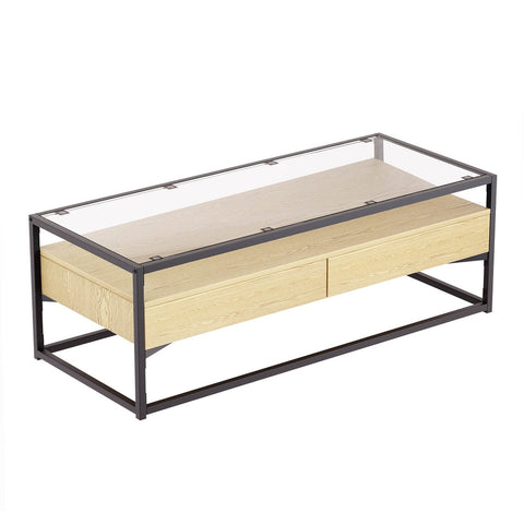 Coffee Tables Artiss Coffee Table 2 Drawers Glass Tabletop Pine