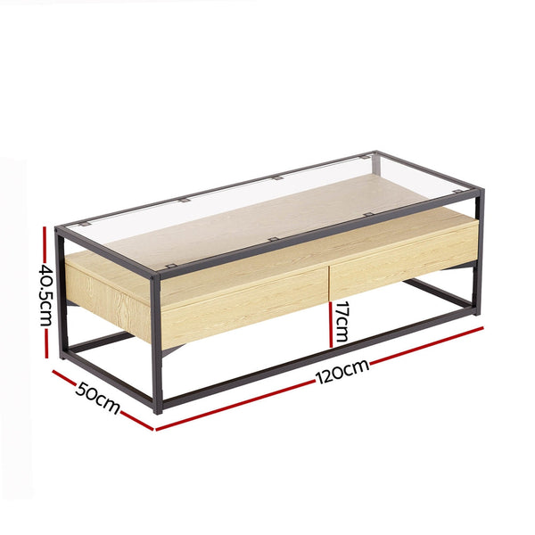 Coffee Tables Artiss Coffee Table 2 Drawers Glass Tabletop Pine