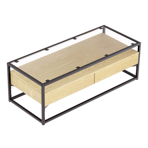 Coffee Tables Artiss Coffee Table 2 Drawers Glass Tabletop Pine