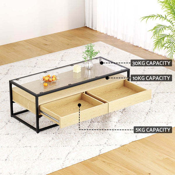 Coffee Tables Artiss Coffee Table 2 Drawers Glass Tabletop Pine