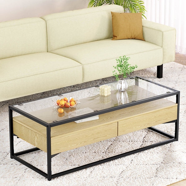 Coffee Tables Artiss Coffee Table 2 Drawers Glass Tabletop Pine