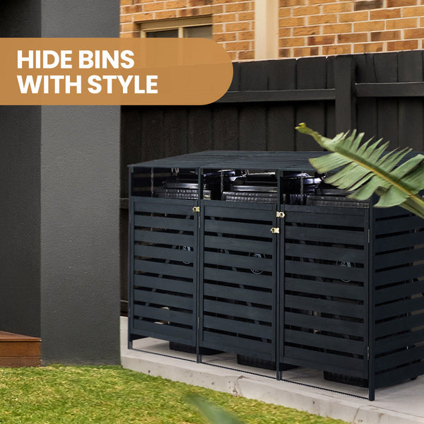 Rubbish Bins Plantcraft Triple Wood Wheelie Bins Storage Shed 3 Door Garbage Rubbish Enclosure