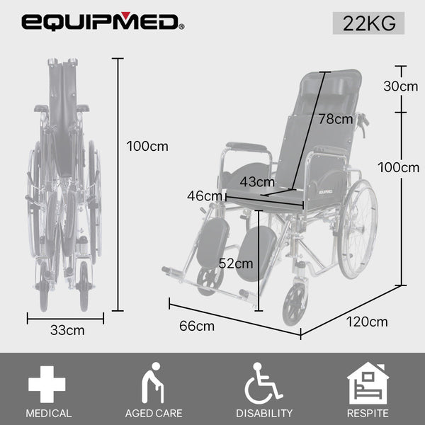 Wheelchairs Equipmed Folding Manual Reclining Wheelchair Self Propelled 24' Rear Wheels Chrome Steel Frame 46Cm Wide Seat 100Kg Capacity Park Brakes