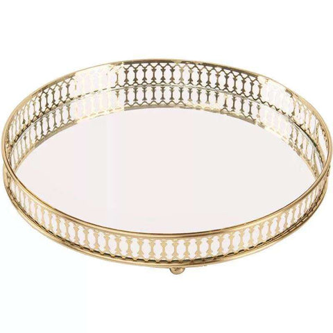 Trays 31.5Cm Gold Round Glass Mirror Base Metal Vanity Food Serving Organiser Tray