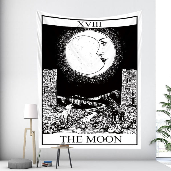 Tapestries Tapestry White Black Moon 150X100 Cm Tarot Card Psychedelic Scene Art