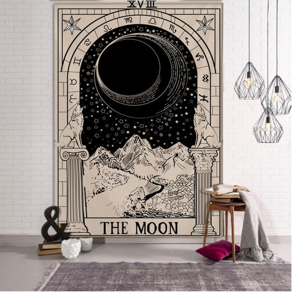 Tapestries Tapestry Beige The Moon 150X100 Cm Tarot Card Psychedelic Scene Art Decor