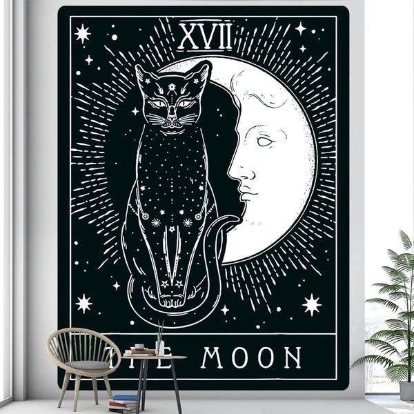 Tapestries Tapestry Black The Moon And Cat 150X150 Cm Tarot Card Psychedelic Scene Art