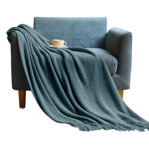 Blankets 127 By 172 Centimetre Morandi Blue Blanket Home Decorative Thickened Knitted Corn Grain Waffle Embossed Winter Warm Tassels Throw Bedspread