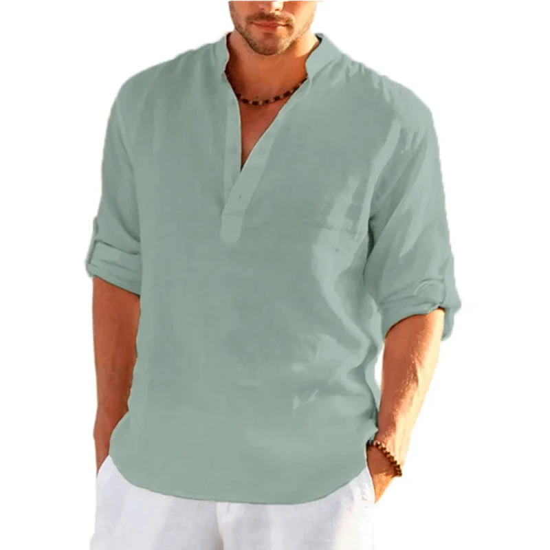 Casual Shirts Men's Linen Long Sleeve T Shirt Solid Colour Loose Casual Cotton