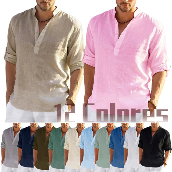 Casual Shirts Men's Linen Long Sleeve T Shirt Solid Colour Loose Casual Cotton