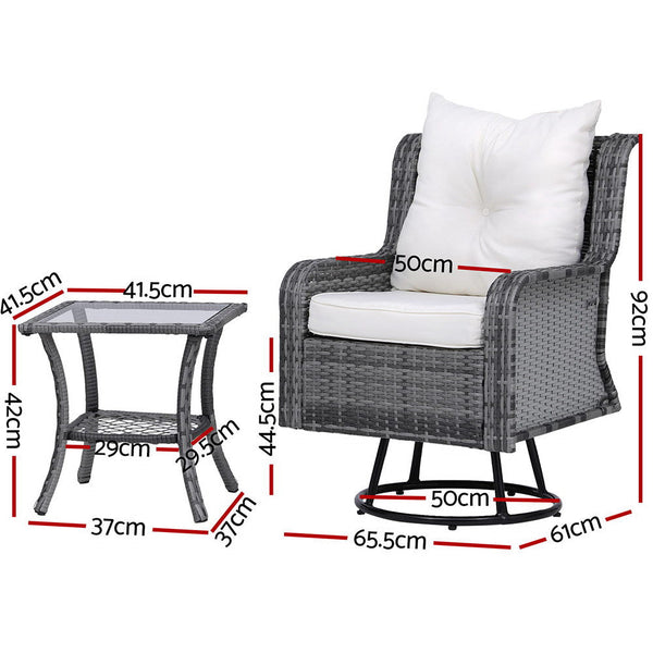 Patio Furniture Sets Gardeon 3Pc Outdoor Furniture Bistro Set Lounge Wicker Swivel Chairs Table Cushion Grey