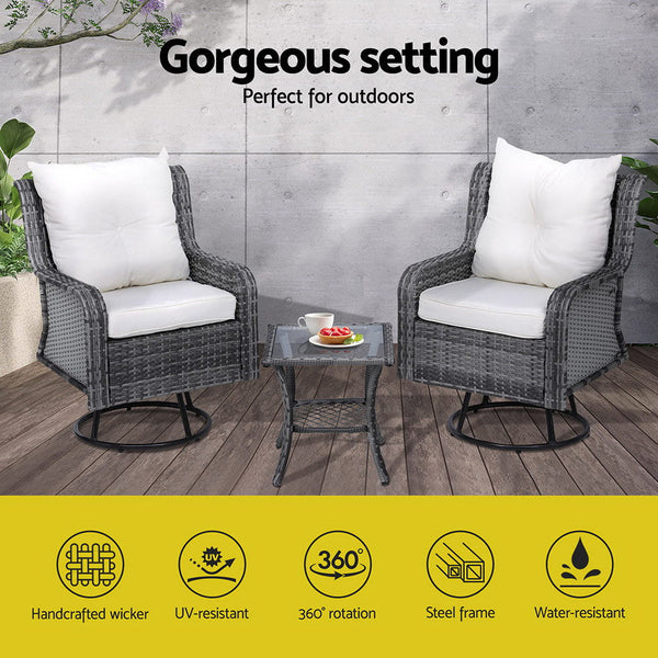 Patio Furniture Sets Gardeon 3Pc Outdoor Furniture Bistro Set Lounge Wicker Swivel Chairs Table Cushion Grey