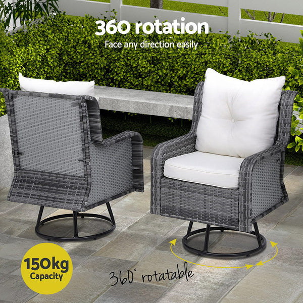 Patio Furniture Sets Gardeon 3Pc Outdoor Furniture Bistro Set Lounge Wicker Swivel Chairs Table Cushion Grey