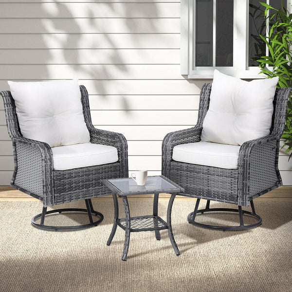 Patio Furniture Sets Gardeon 3Pc Outdoor Furniture Bistro Set Lounge Wicker Swivel Chairs Table Cushion Grey