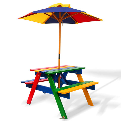 Kids Play Table & Chair Sets Keezi Kids Wooden Picnic Table Set With Umbrella