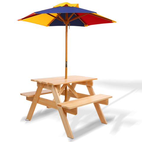 Kids Play Table & Chair Sets Keezi Kids Wooden Picnic Table Set With Umbrella