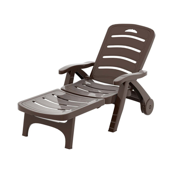 Loungers Gardeon Sun Lounger Folding Chair Wheels Patio Outdoor Furniture Brown