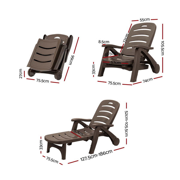 Loungers Gardeon Sun Lounger Folding Chair Wheels Patio Outdoor Furniture Brown