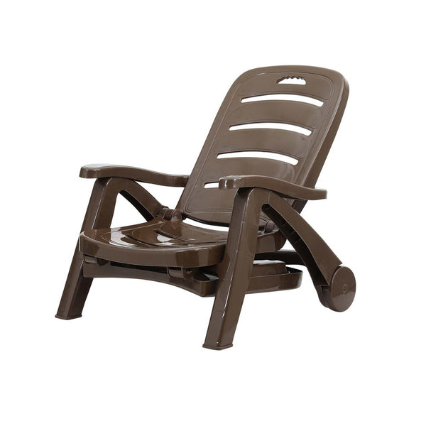 Loungers Gardeon Sun Lounger Folding Chair Wheels Patio Outdoor Furniture Brown