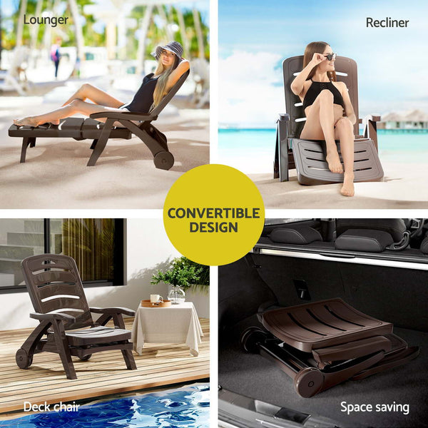 Loungers Gardeon Sun Lounger Folding Chair Wheels Patio Outdoor Furniture Brown