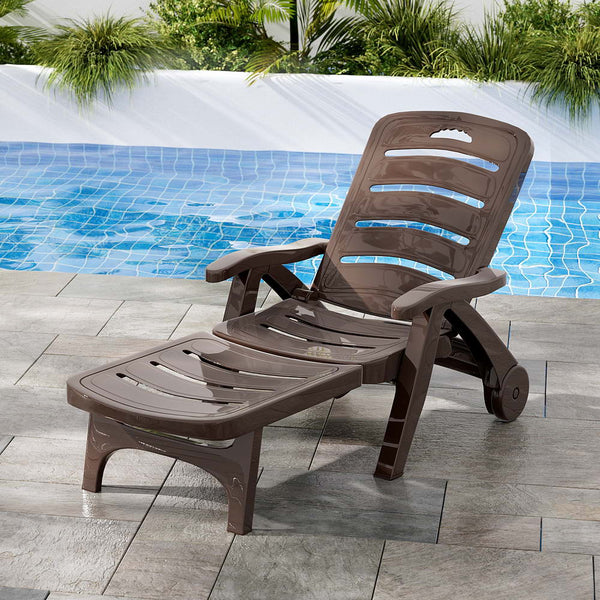 Loungers Gardeon Sun Lounger Folding Chair Wheels Patio Outdoor Furniture Brown