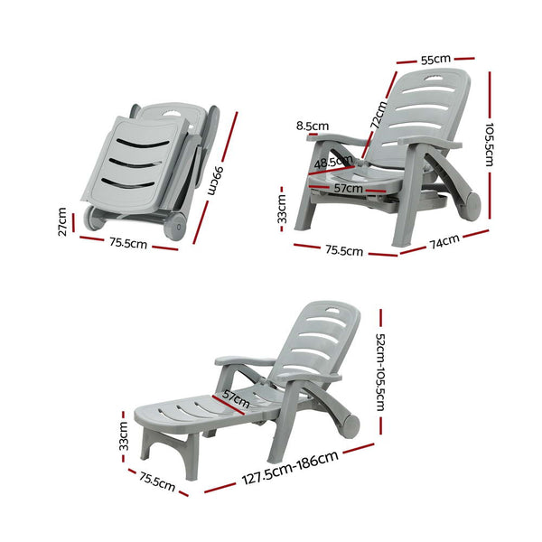 Loungers Gardeon Sun Lounger Folding Chair Wheels Patio Outdoor Furniture Grey