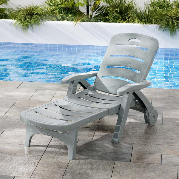 Loungers Gardeon Sun Lounger Folding Chair Wheels Patio Outdoor Furniture Grey