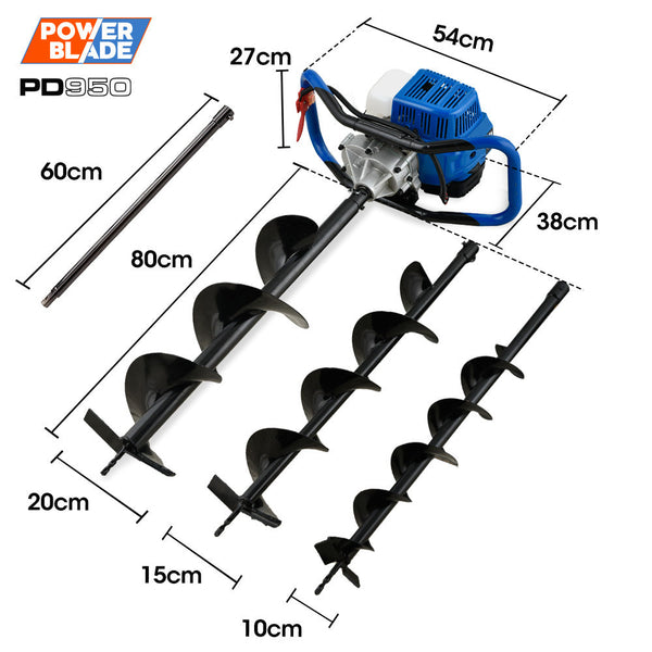 Post Hole Diggers & Augers Powerblade Pd950 52Cc Stroke Petrol Post Hole Digger W/ 3 Auger Bits 600Mm Extension Shaft