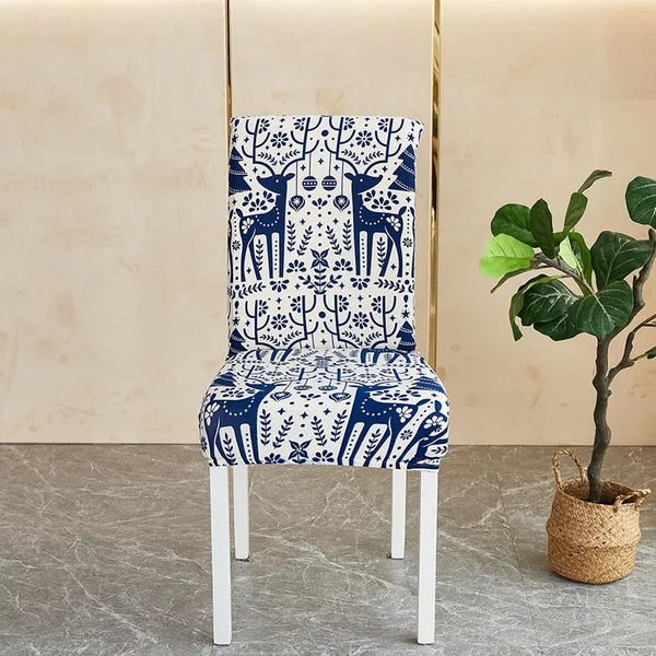 Slipcovers Chair Cover White Blue Xmas Deer Pattern Anti Dirt Elastic Material