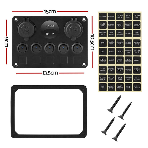 Switches & Controls Giantz 5 Gang 12V Switch Panel For Car Boat Marine Usb On Off Led Rocker Toggle