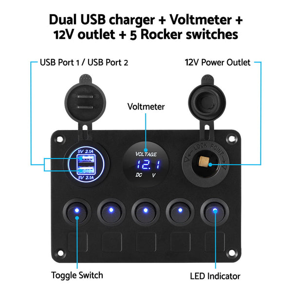 Switches & Controls Giantz 5 Gang 12V Switch Panel For Car Boat Marine Usb On Off Led Rocker Toggle