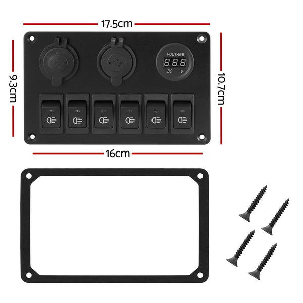 Switches & Controls Giantz 6 Gang 12V Switch Panel For Car Boat Marine Usb On Off Led Rocker Toggle