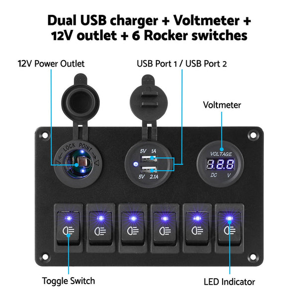 Switches & Controls Giantz 6 Gang 12V Switch Panel For Car Boat Marine Usb On Off Led Rocker Toggle