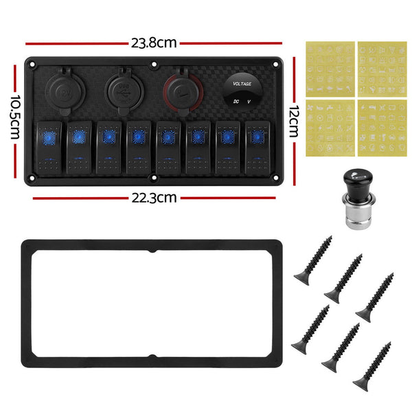 Switches & Controls Giantz 8 Gang 12V Switch Panel For Car Boat Marine Usb On Off Led Rocker Toggle