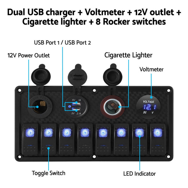 Switches & Controls Giantz 8 Gang 12V Switch Panel For Car Boat Marine Usb On Off Led Rocker Toggle