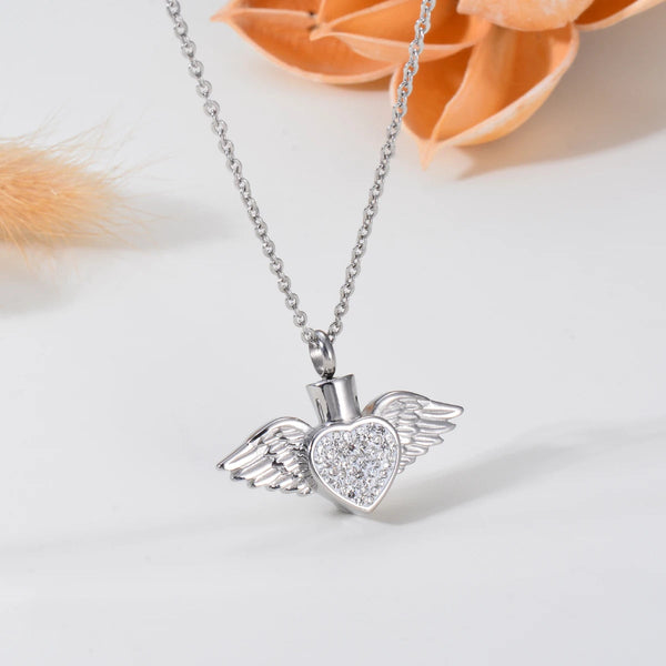 Necklaces & Pendants Stainless Steel Rhinestone Heart Angel Wing Memorial Urn Necklace Pendant For Ashes