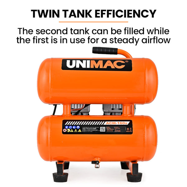 Air Compressors Unimac 16L Twin Tank Air Compressor 116Psi Portable Silent Oil Free Electric For Airtools Tyre Inflation