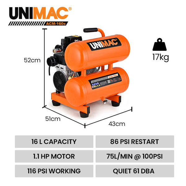 Air Compressors Unimac 16L Twin Tank Air Compressor 116Psi Portable Silent Oil Free Electric For Airtools Tyre Inflation