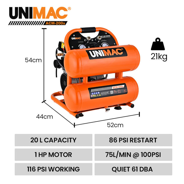 Air Compressors Unimac 20L Twin Tank Air Compressor 116Psi Portable Silent Oil Free Electric For Airtools Tyre Inflation